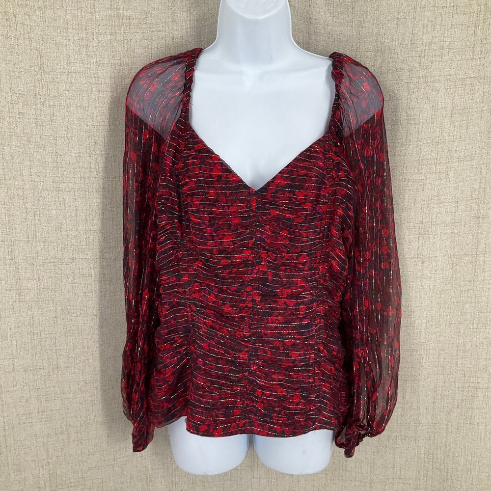Parker Blouse Womens‎ L Red Silk Metallic Floral Puff Sleeve Square Neck Luxury
